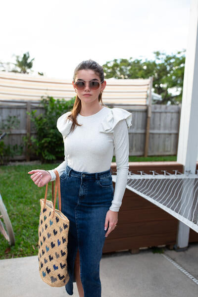 Ruffle-Shoulder Tee- Heather Gray