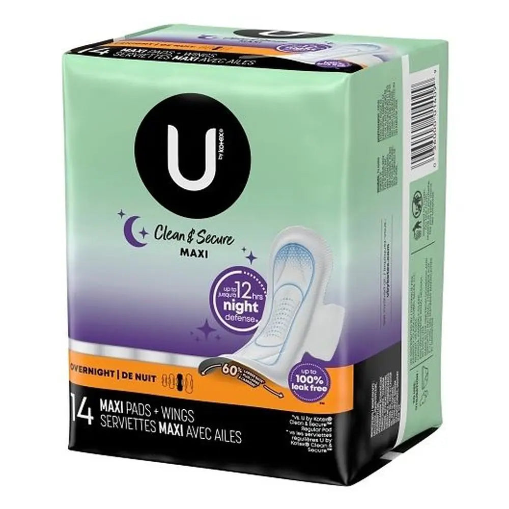 U BY KOTEX PREMIUM OVERNIGHT MAXI PADS WITH WINGS, 8 BAGS OF 14 (112 COUNT)