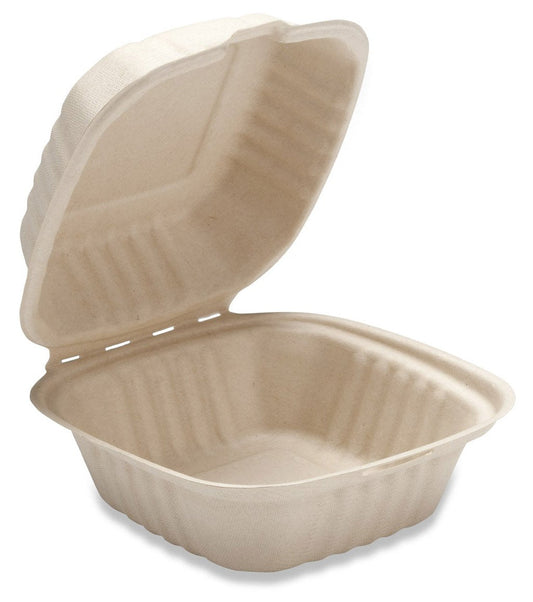 Bridge-Gate 6in Hingeware Biodegradable Bagasse Food Container, Tan (QTY 400), SKU BG-ECO-6-HW