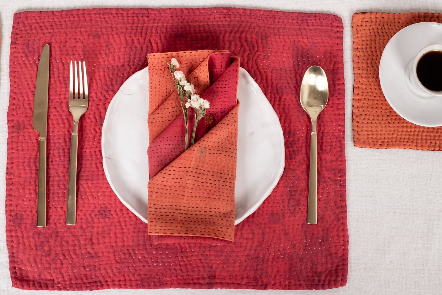 S/2 Mosaic Fray Patch  Vintage Kantha Placemat - Carrots