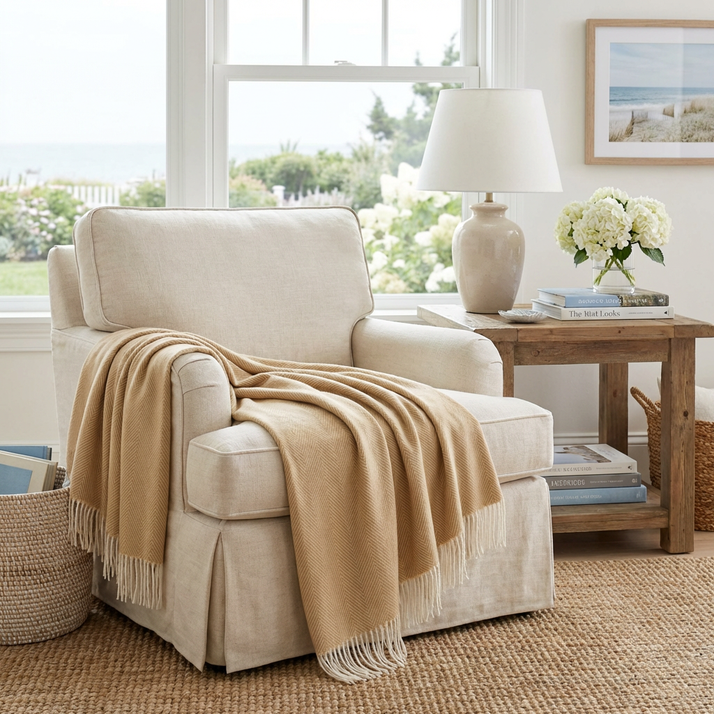 Southampton Home Merino Wool Herringbone Throw (Wheat Tassel)