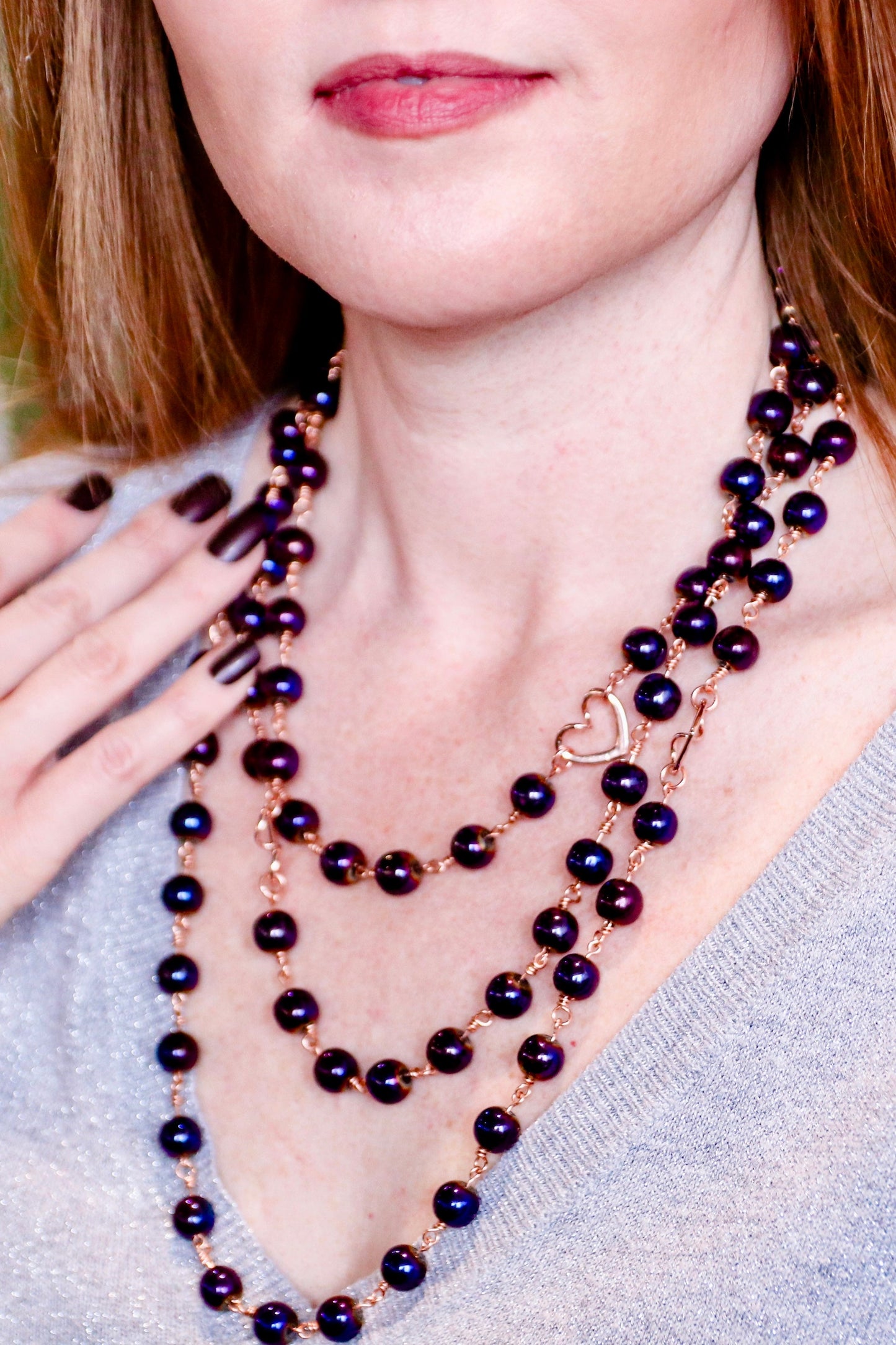 Violet Purple Hematite 3-Layer Necklace | Magnetic Clasp