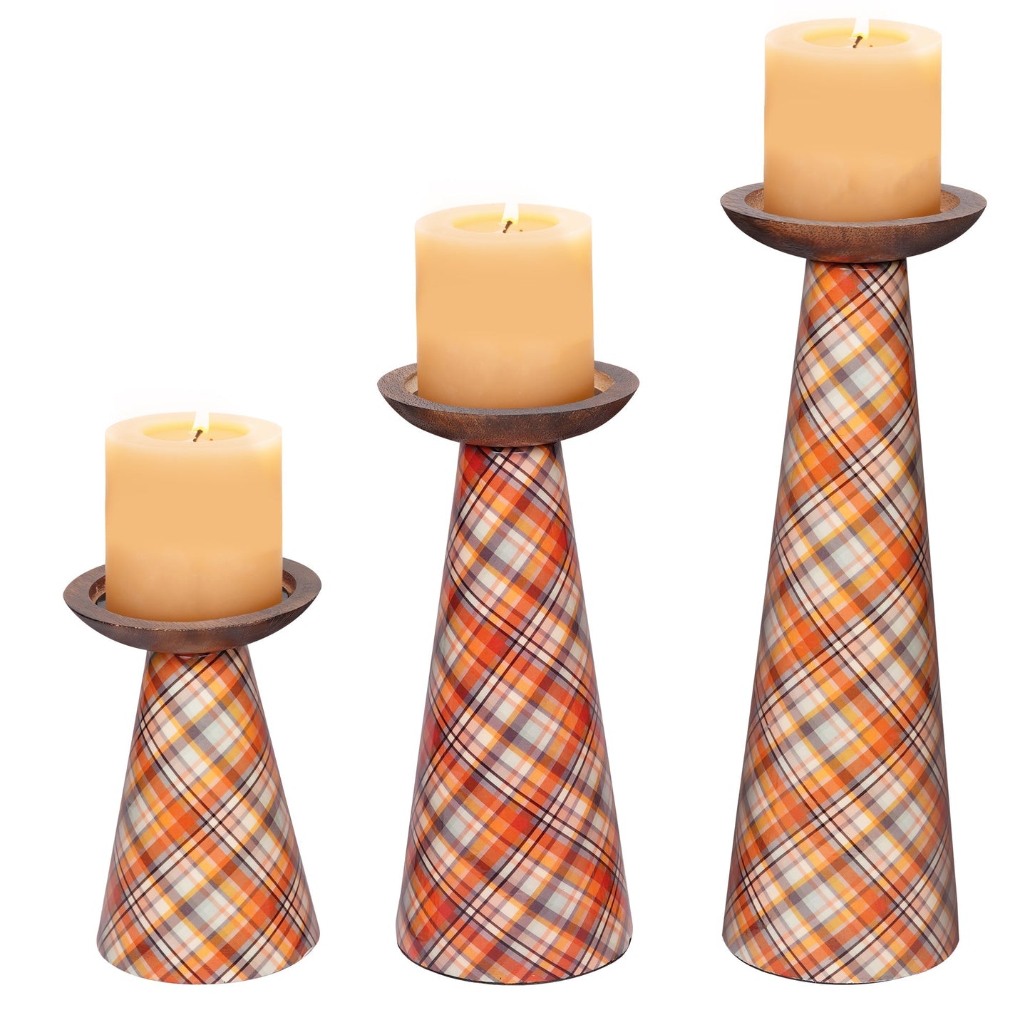 Plaid Pillar Candleholder Set - Ochre