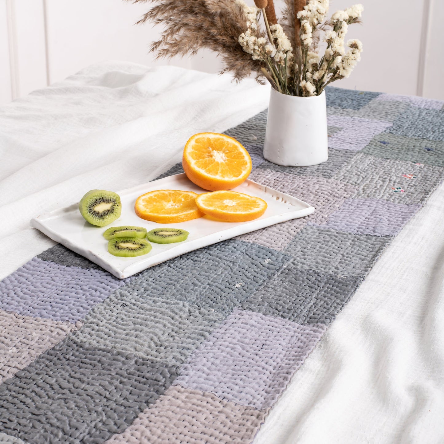 Mosaic Fray Patch Vintage Kantha Table Runner - Hydrangea
