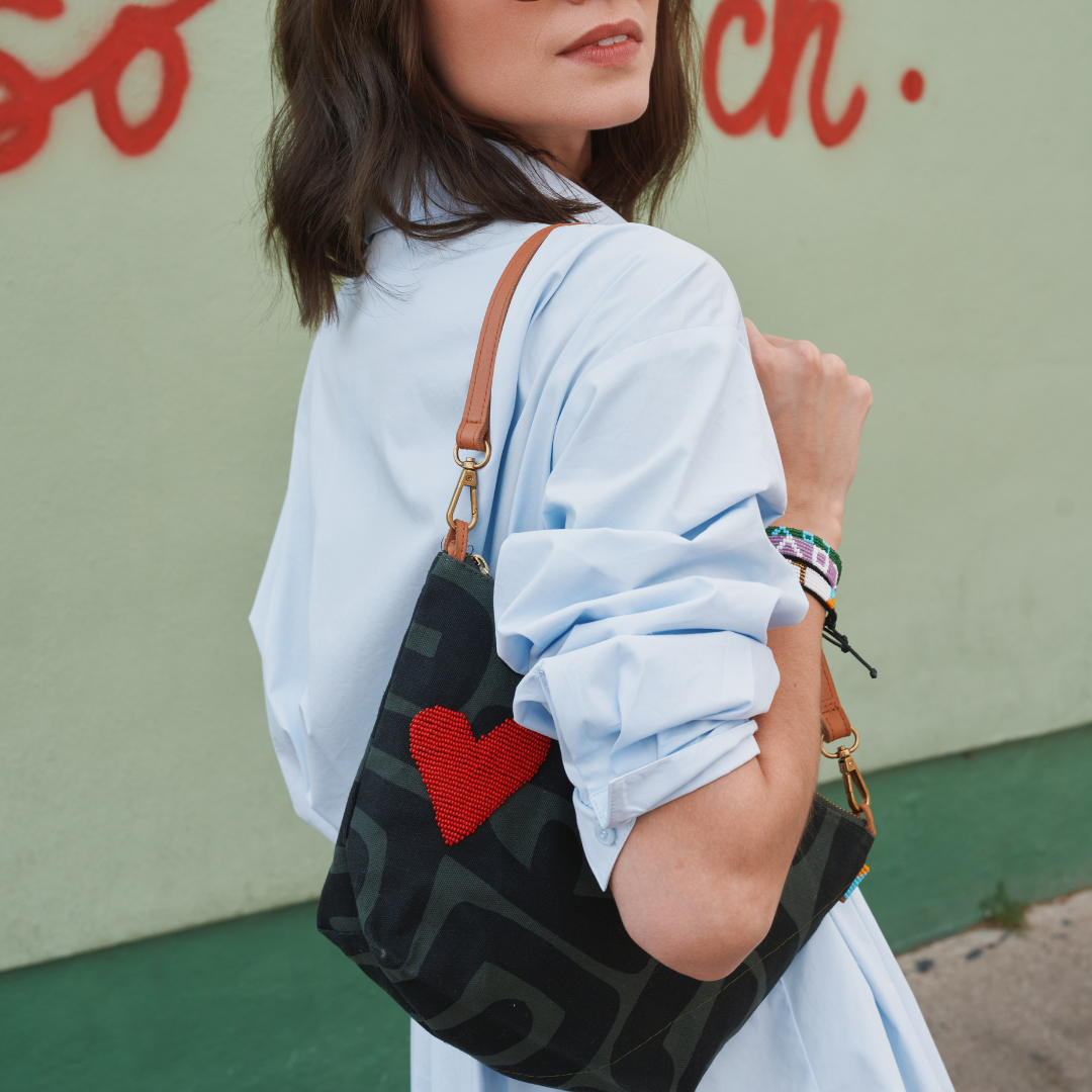XLarge Convertible Pouch - Safari Kuba with Beaded Red Heart with Short Leather Strap