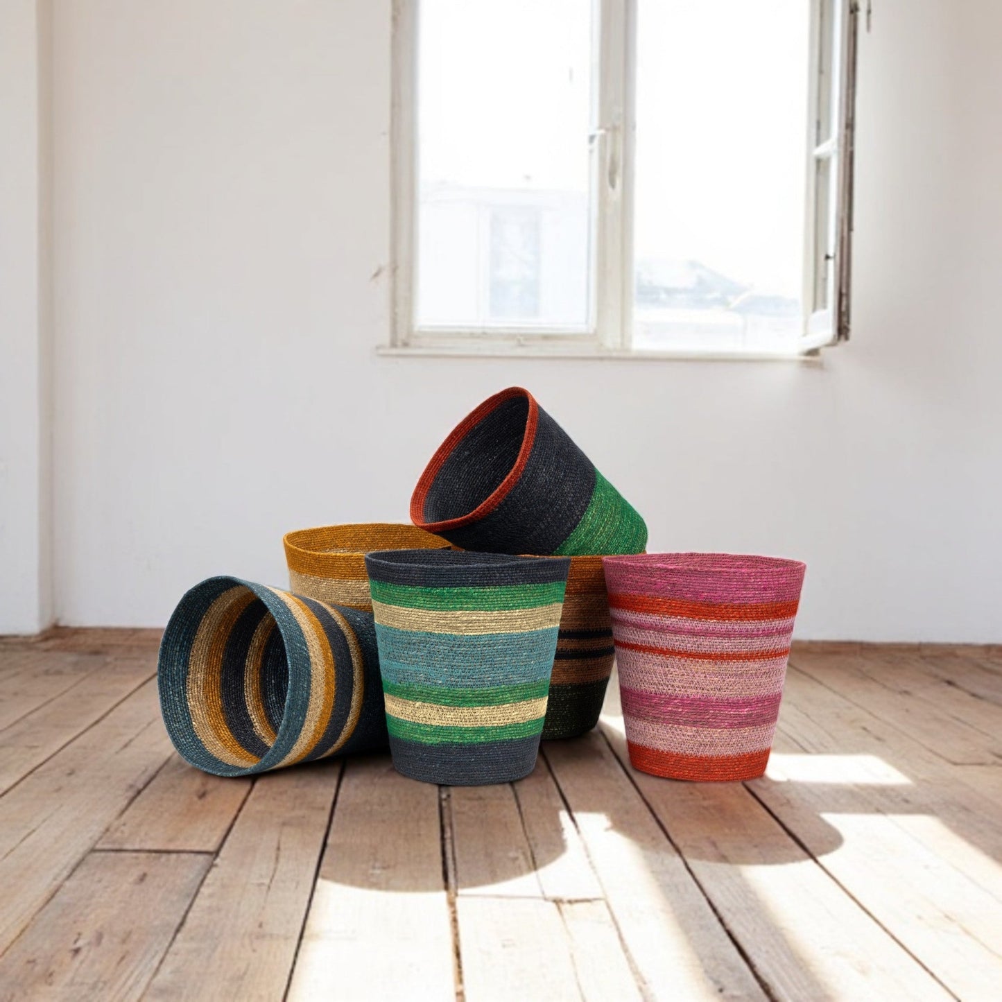 Striped Seagrass Waste Paper Basket in Olive / Old Rose