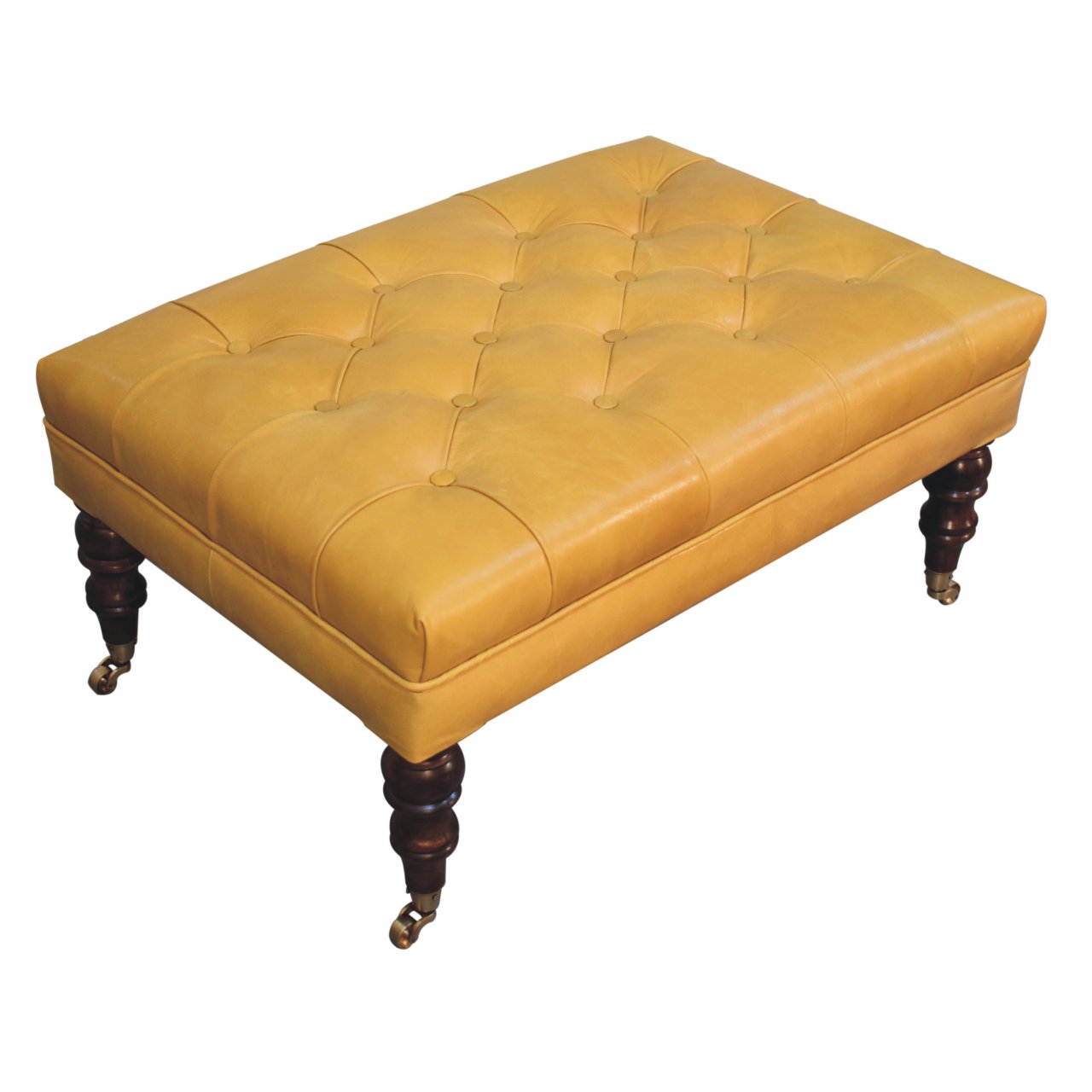 Solid Wood Honey Caramel Buffalo, Leather Ottoman with Castor Legs
