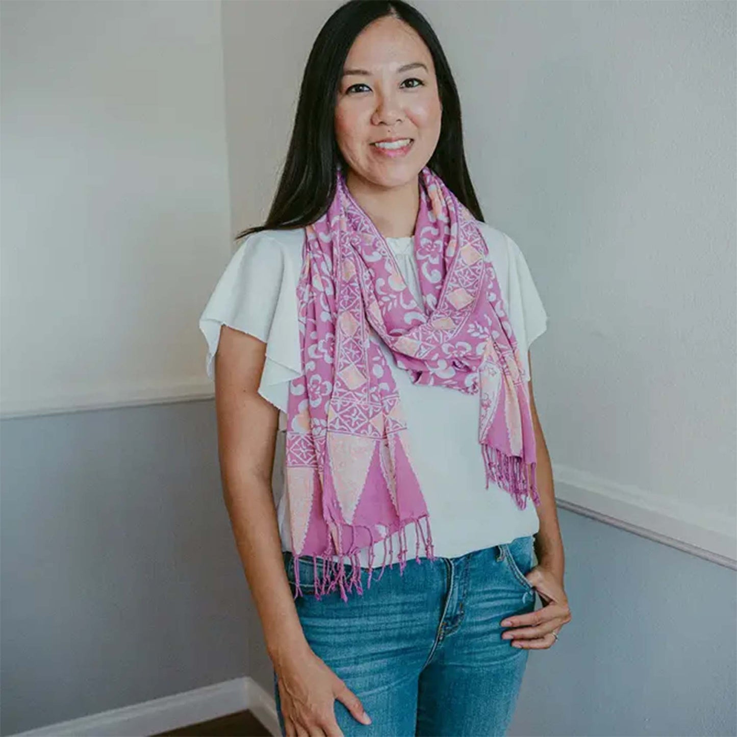 Handmade Batik Scarf, Cotton, Plumeria, Pink, Purple, Peach - Osadia Concept Store