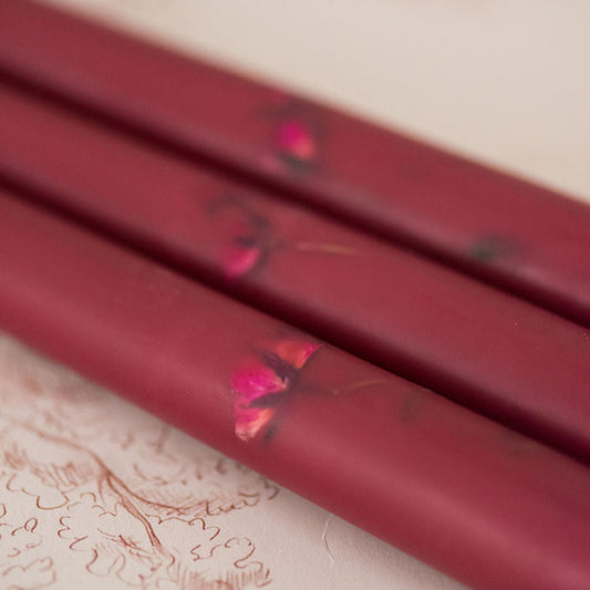 Floral Inlaid Tapered Candle in Burgundy - Set of 3