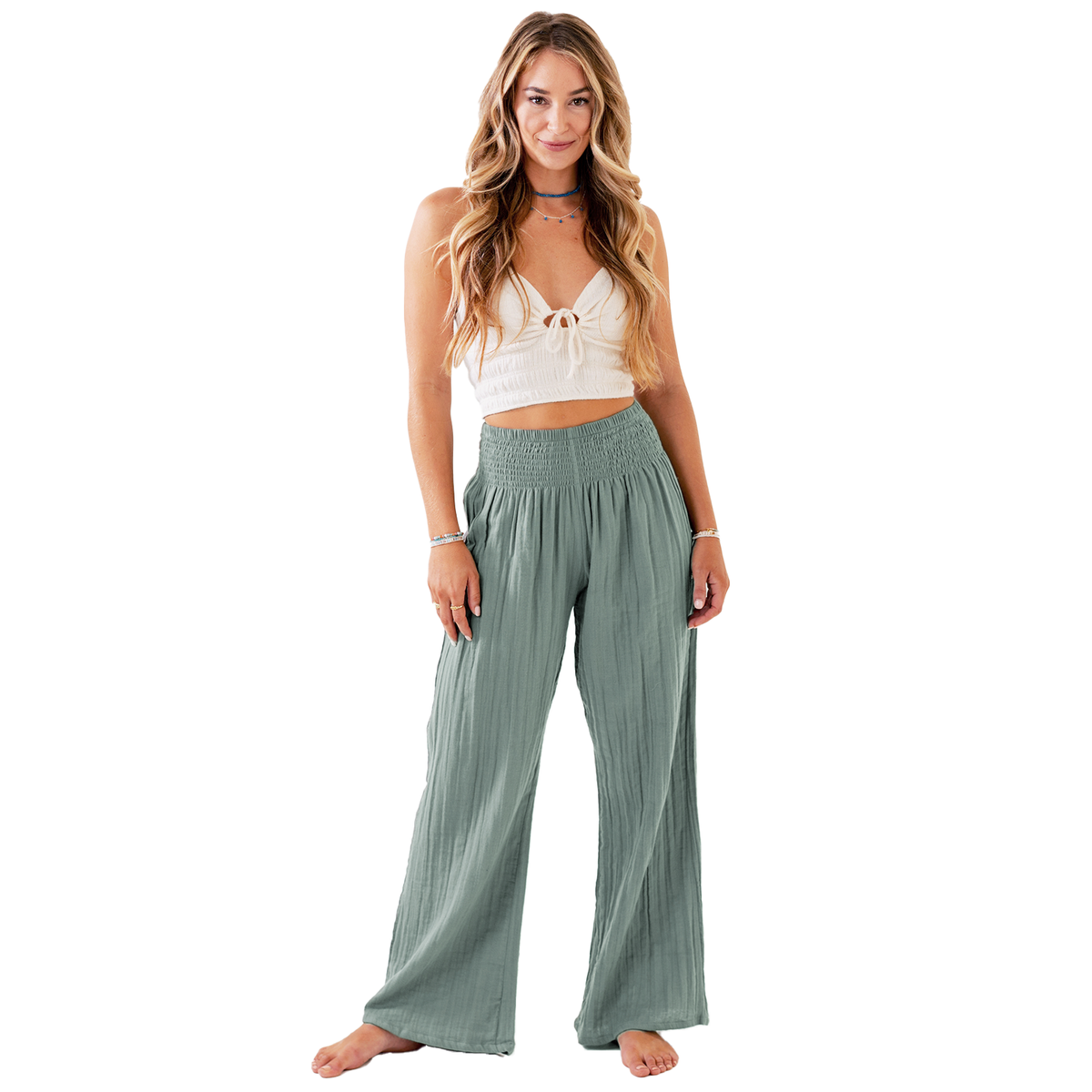 Sage Escape Wide-Leg Cotton Pants