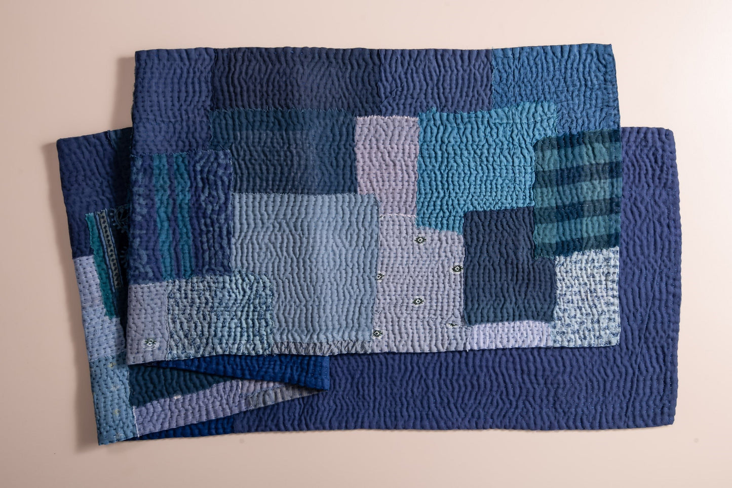 Landscape Fray Patch Vintage Kantha Runner - Navy