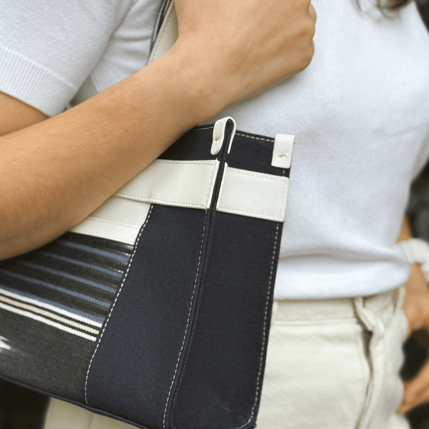 Midi Navy Leather & Canvas Tote Bag with Pockets