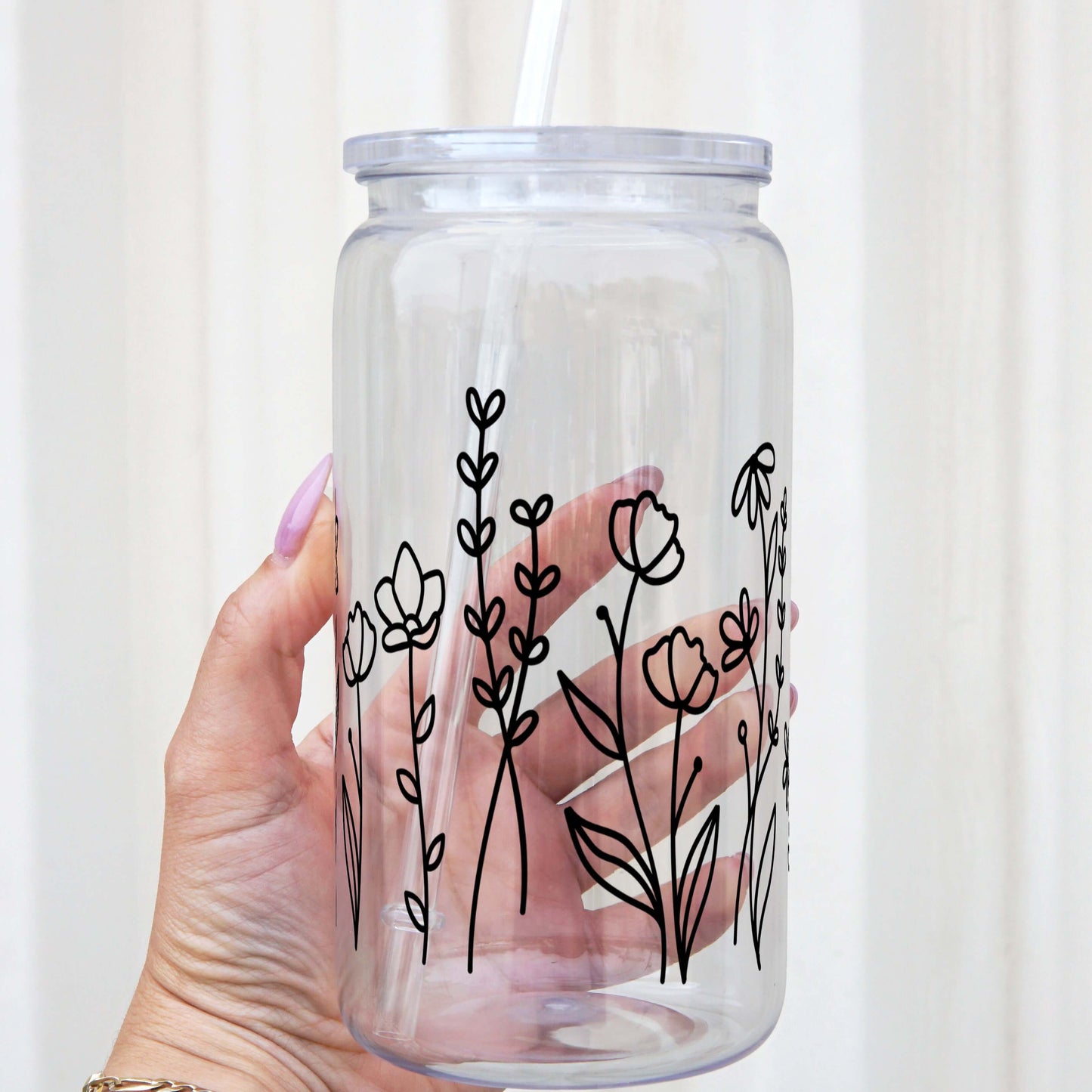 Black Wildflower Cup With Lid and Straw