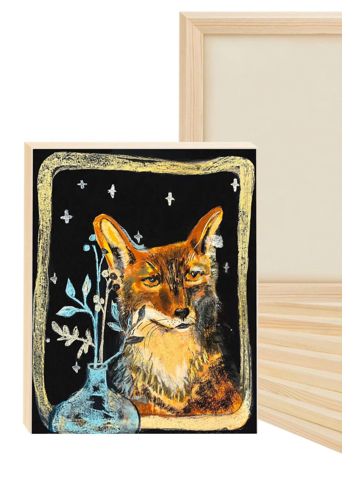 Fox in the Window with Vase, Starry Night Wildlife Art Print on Board