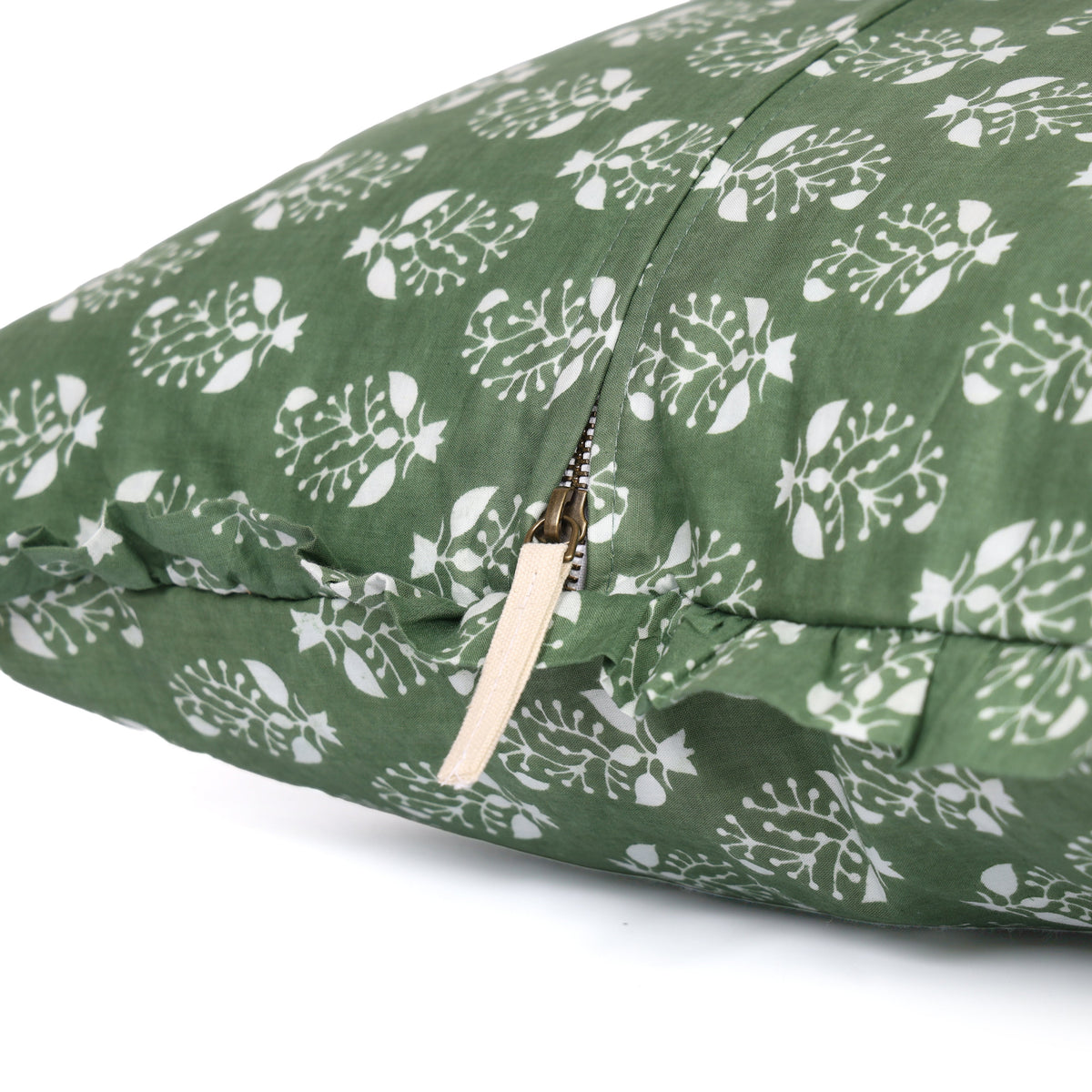 Block-Printed Pillow Cover | 20x20 Ruffled Cotton, Hidden Zipper