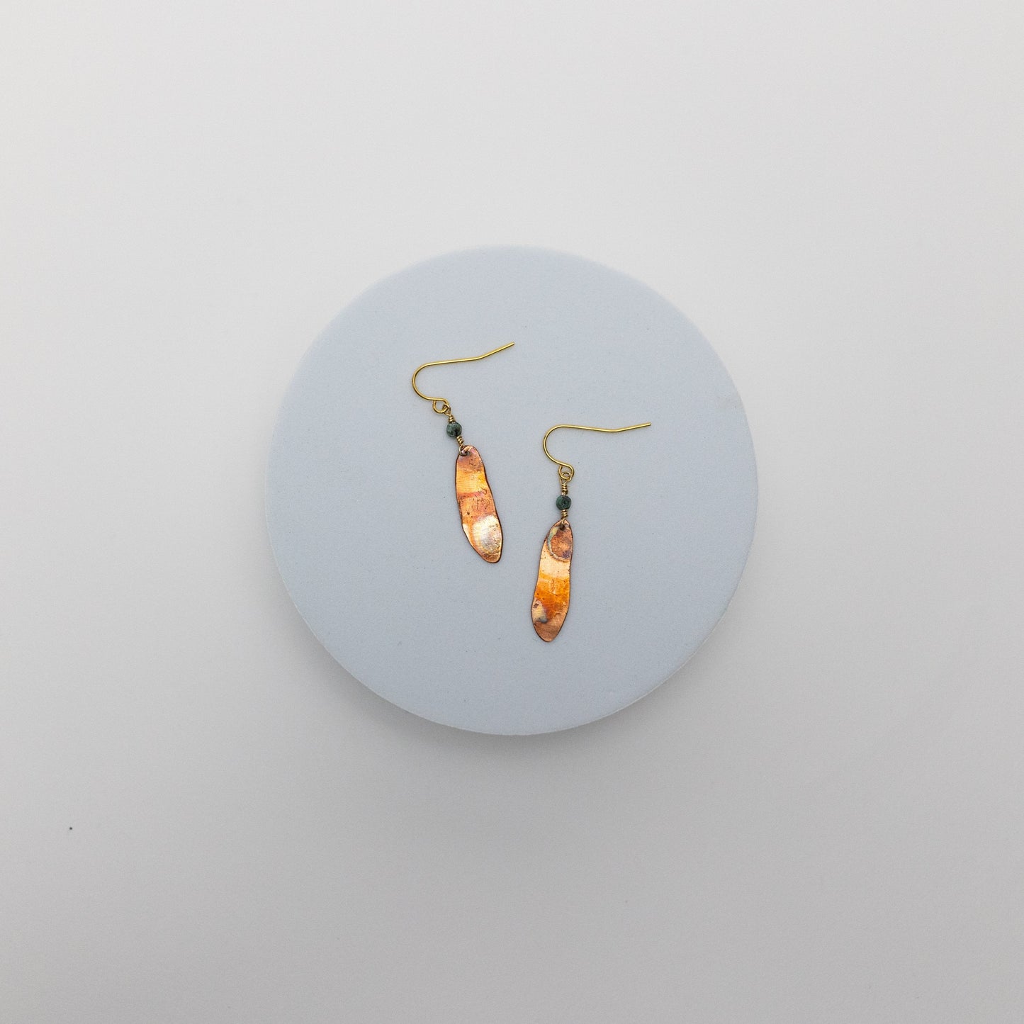 Take Flight Earrings | Repurposed Auto Shims | Jasper Bead with Copper Fire Patina | Gold Plated Ear Wire