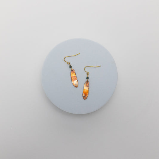 Take Flight Earrings | Repurposed Auto Shims | Jasper Bead with Copper Fire Patina | Gold Plated Ear Wire