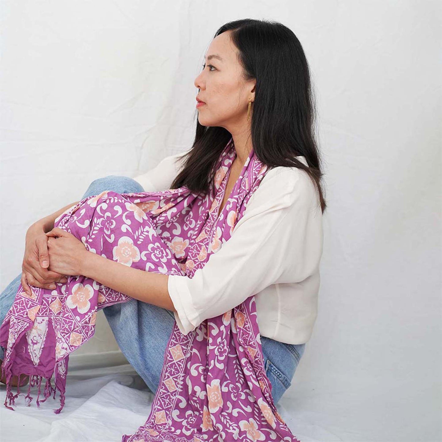 Handmade Batik Scarf, Cotton, Plumeria, Pink, Purple, Peach - Osadia Concept Store