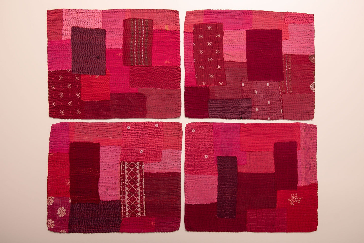 S/2 Landscape Fray Patch Vintage Kantha Placemat - Red
