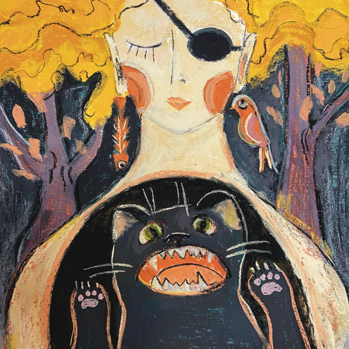 Inner Animal: Woman and Black Cat Whimsical Pastel Art Print on Board