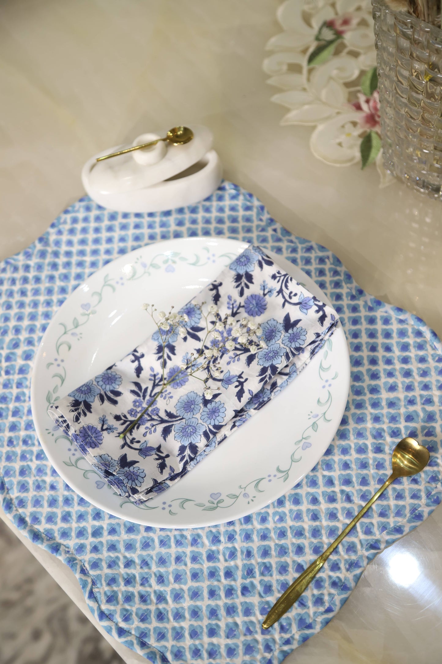 S/4 Neel Blue Block Printed Table Napkins