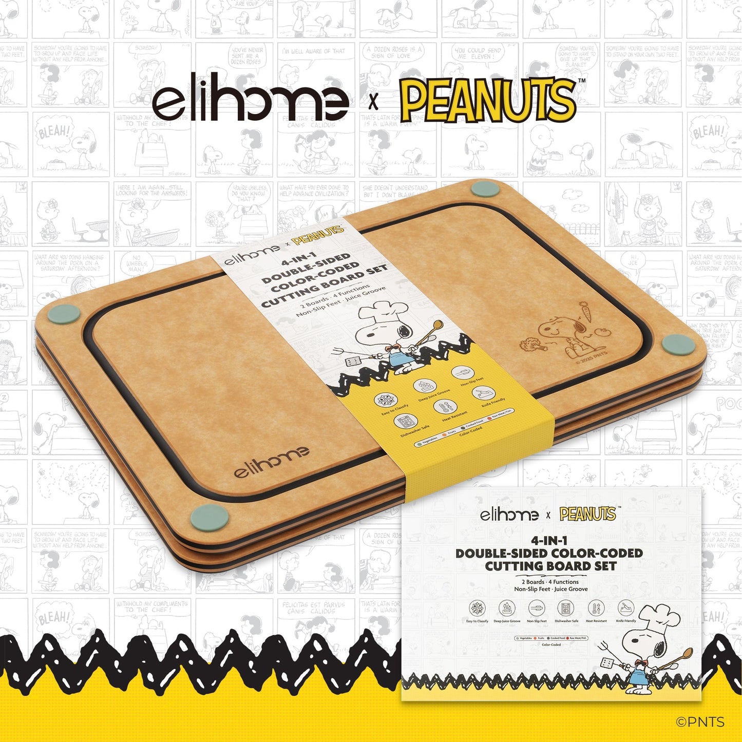 Elihome x Peanuts  4-in-1 Double-Sided Color-Coded Cutting Board Set