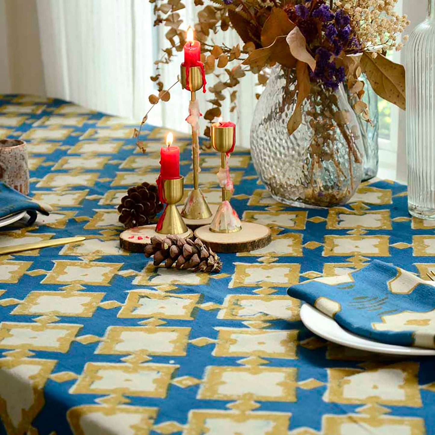 Boho Organic Cotton Tablecloth - Hopi Blue