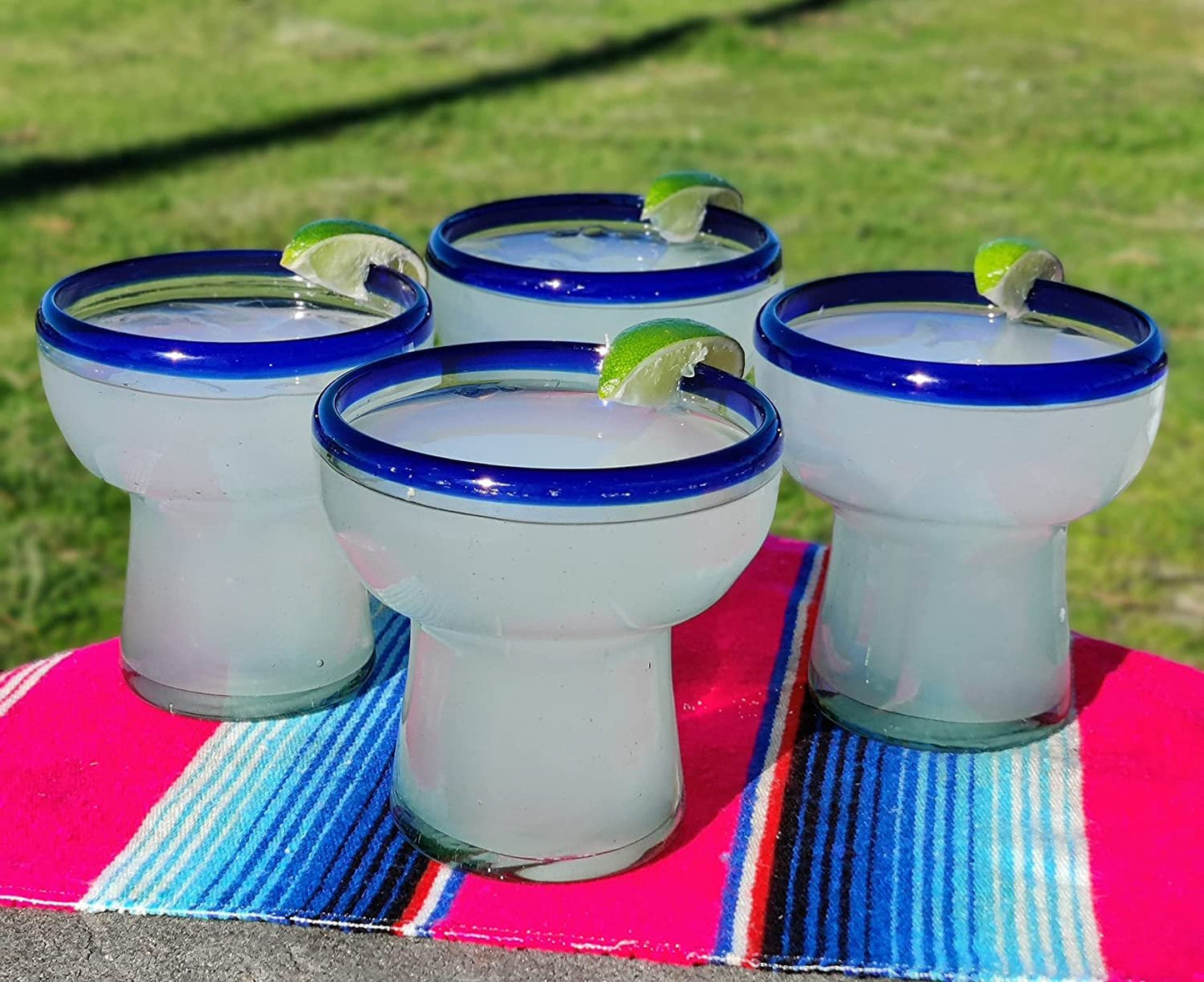 Set of 4 Hand Blown Stemless Blue Rim Margarita Glasses