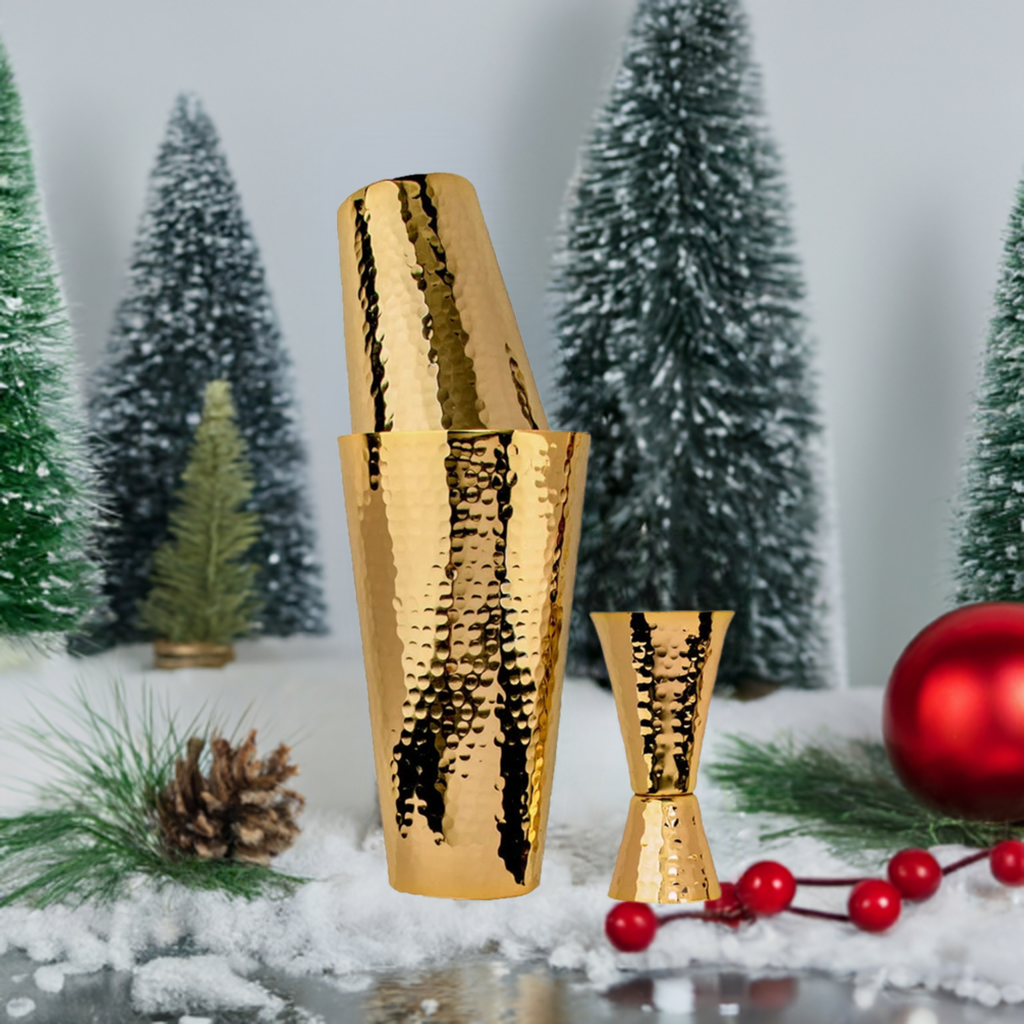 24K Gold Plate Hammered Copper 3 Piece Cocktail Shaker Set
