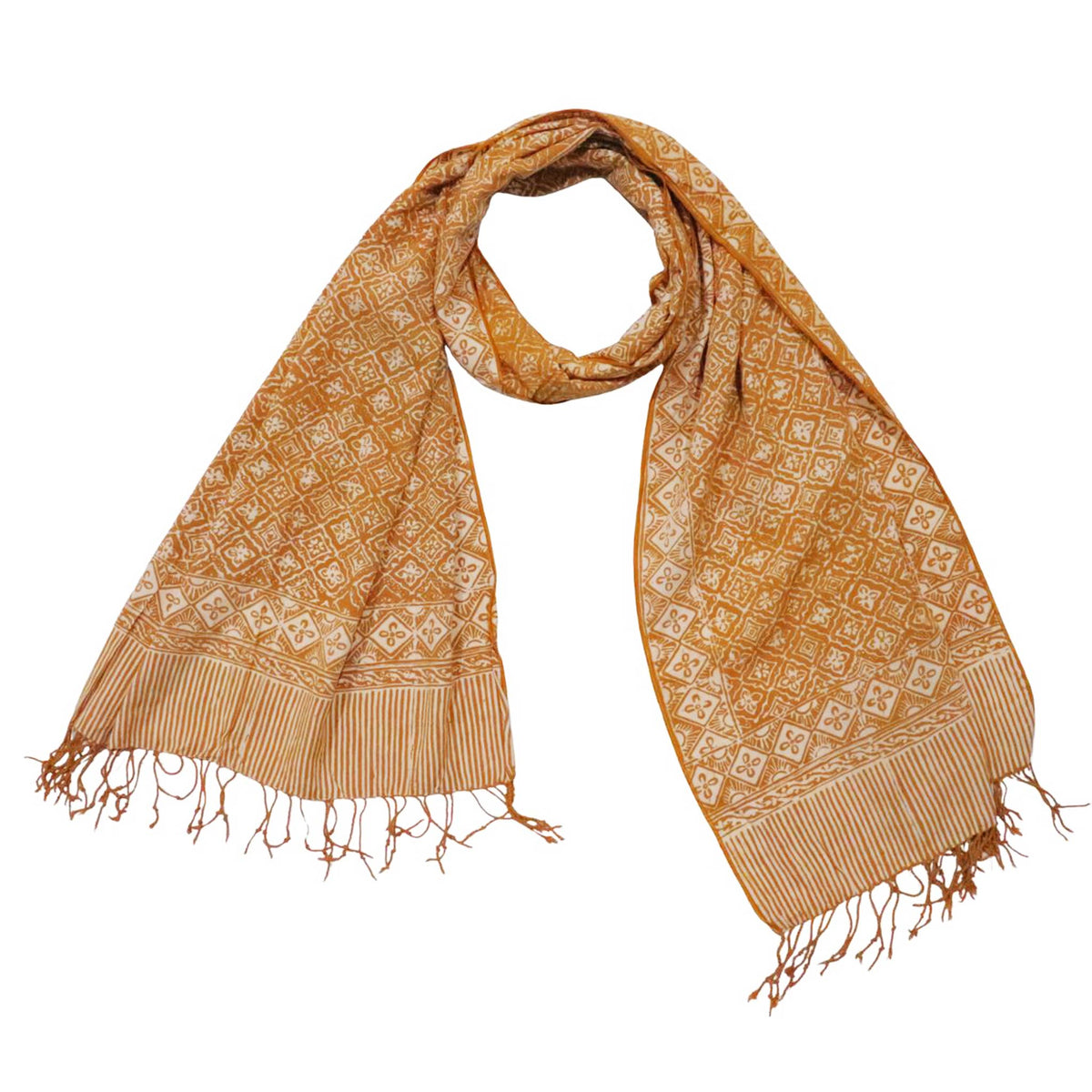Handmade Batik Scarf, Soft Cotton, Frangipani, Kamboja, Yellow, Brown, Cream, Fall, Autumn