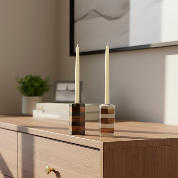 Striped Marble & Acacia Candleholder