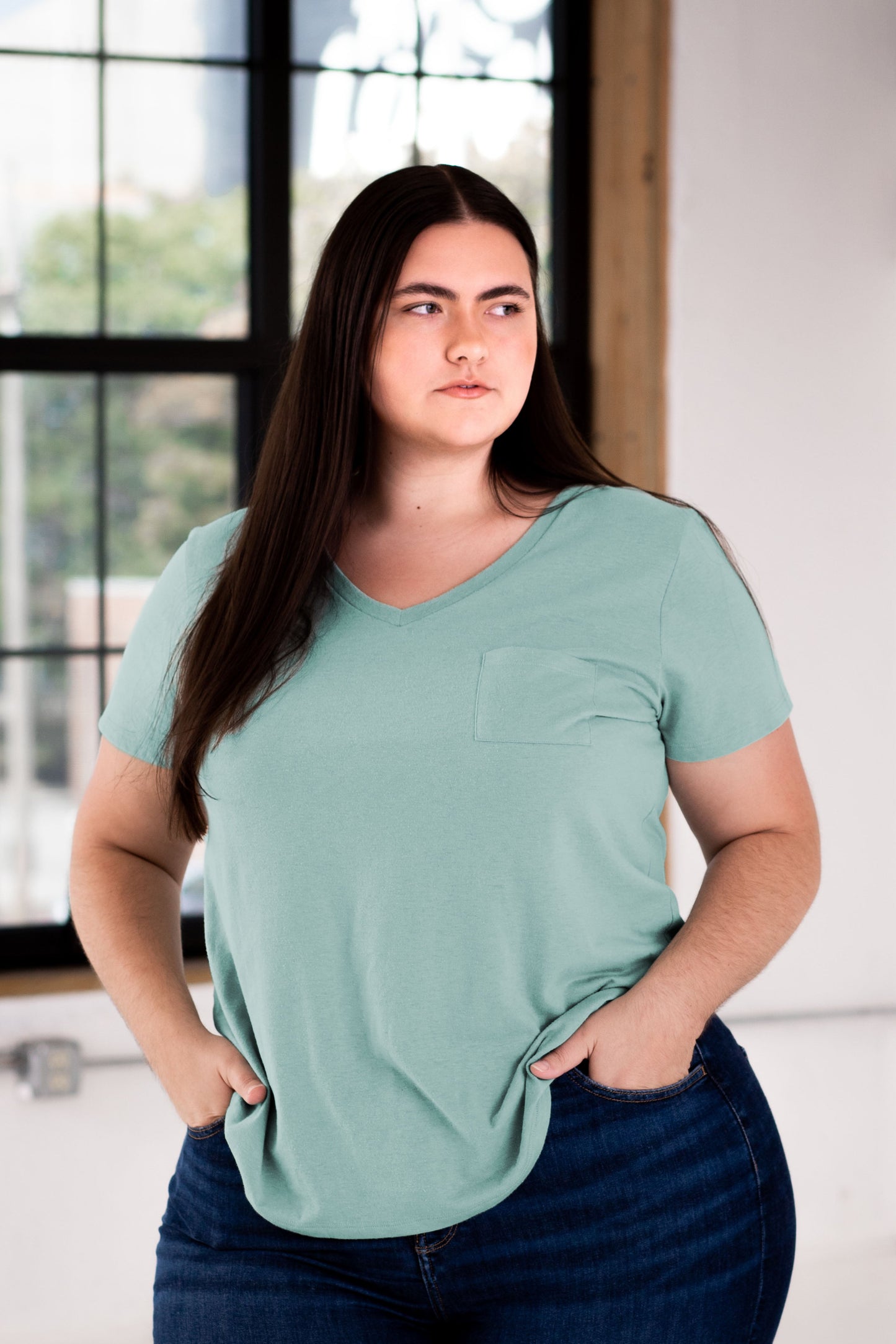 Ladies Eco-Triblend Drop Hem V-Neck Pocket Tee