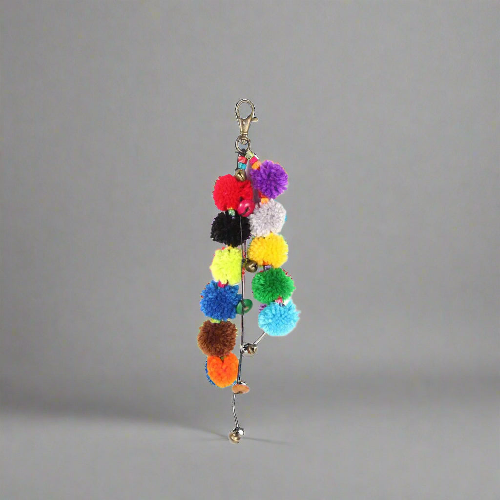Multicolor Pom Pom Keychain with Beads and Bells | Handmade Zipper Pull | Thailand