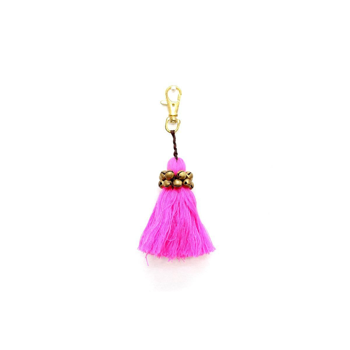 Fair Trade Cotton Tassel Zipper Pull with Bells | Handmade Keychain or Bag Charm from Thailand