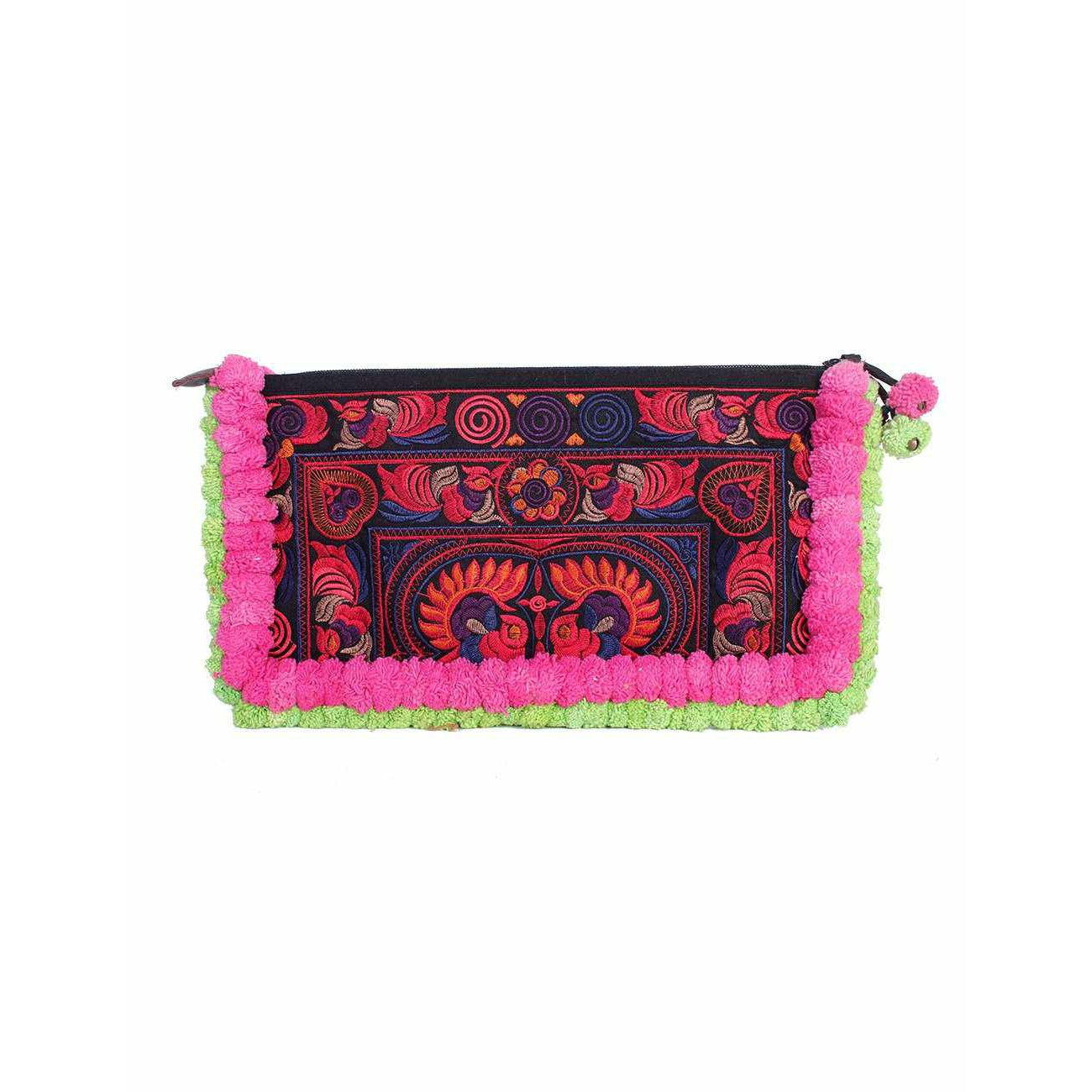 Double Pompom Embroidered Hmong Clutch - Thailand