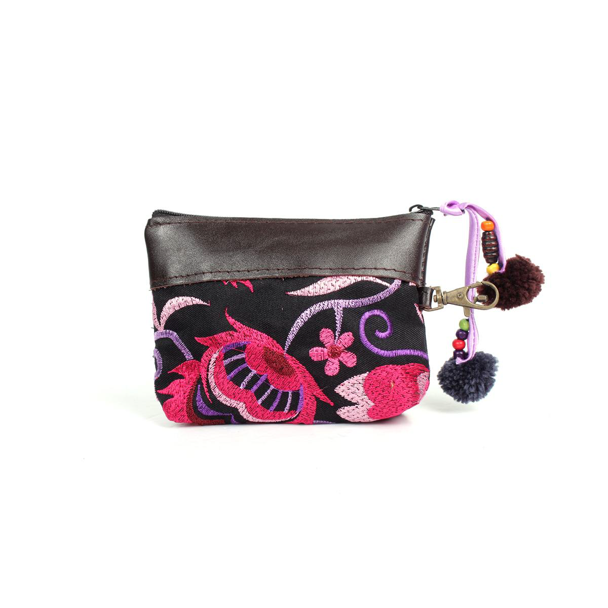 Leather Trim Embroidered Geometric Coin Purse  - Thailand