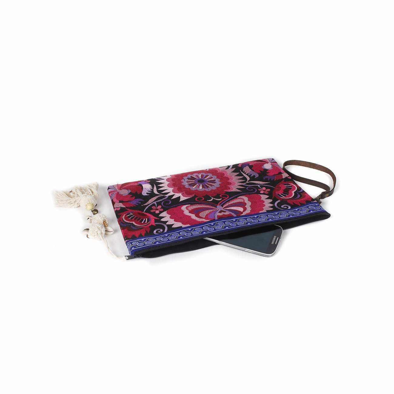 Botanica Embroidered Wristlet with PomPoms - Thailand