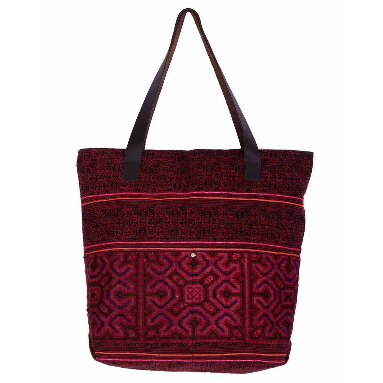 Leather Embroidered Texile Hmong Tote - Thailand