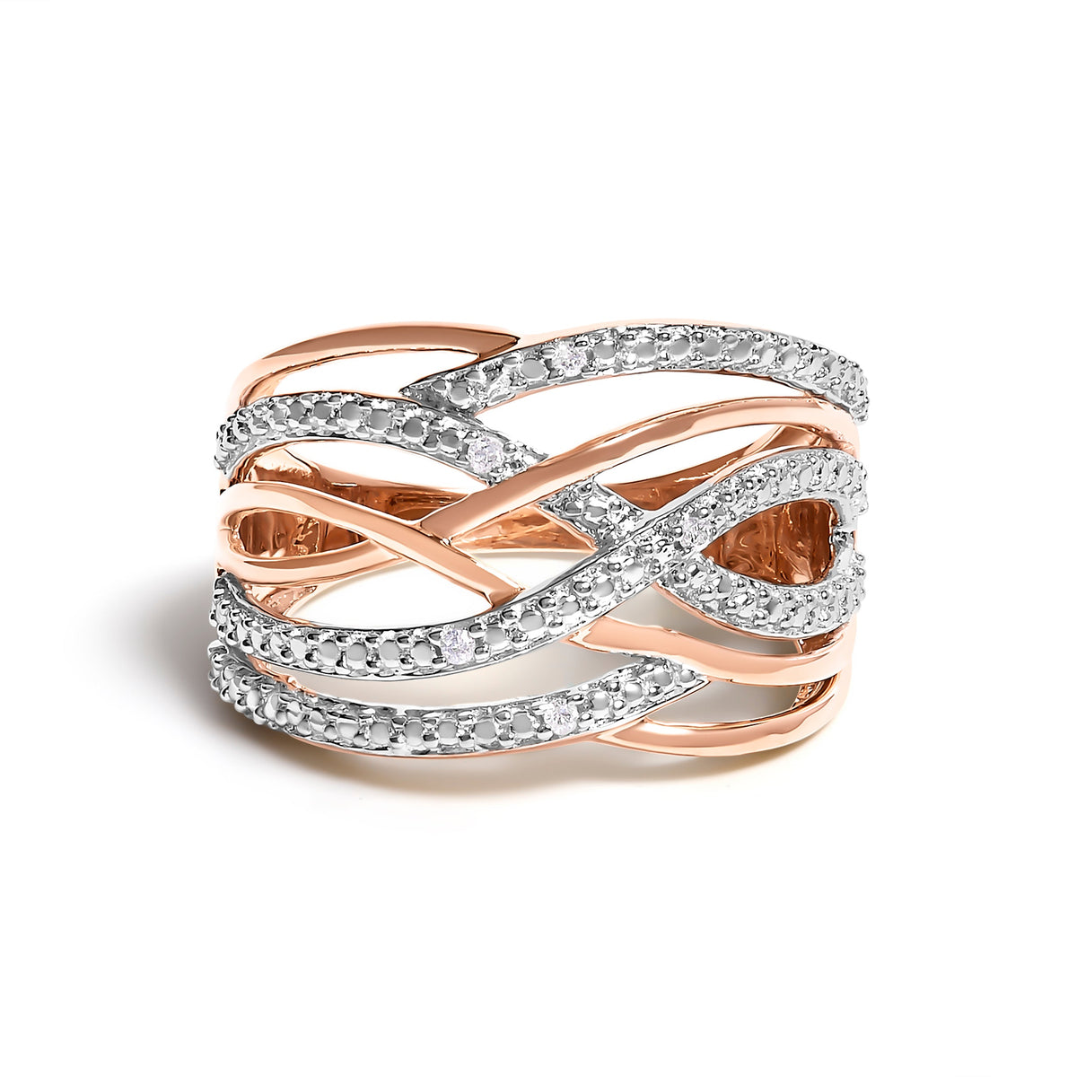 14K Rose Gold Plated .925 Sterling Silver Diamond Accent Crossover Ring (I-J Color, I2-I3 Clarity) - Ring Size 7