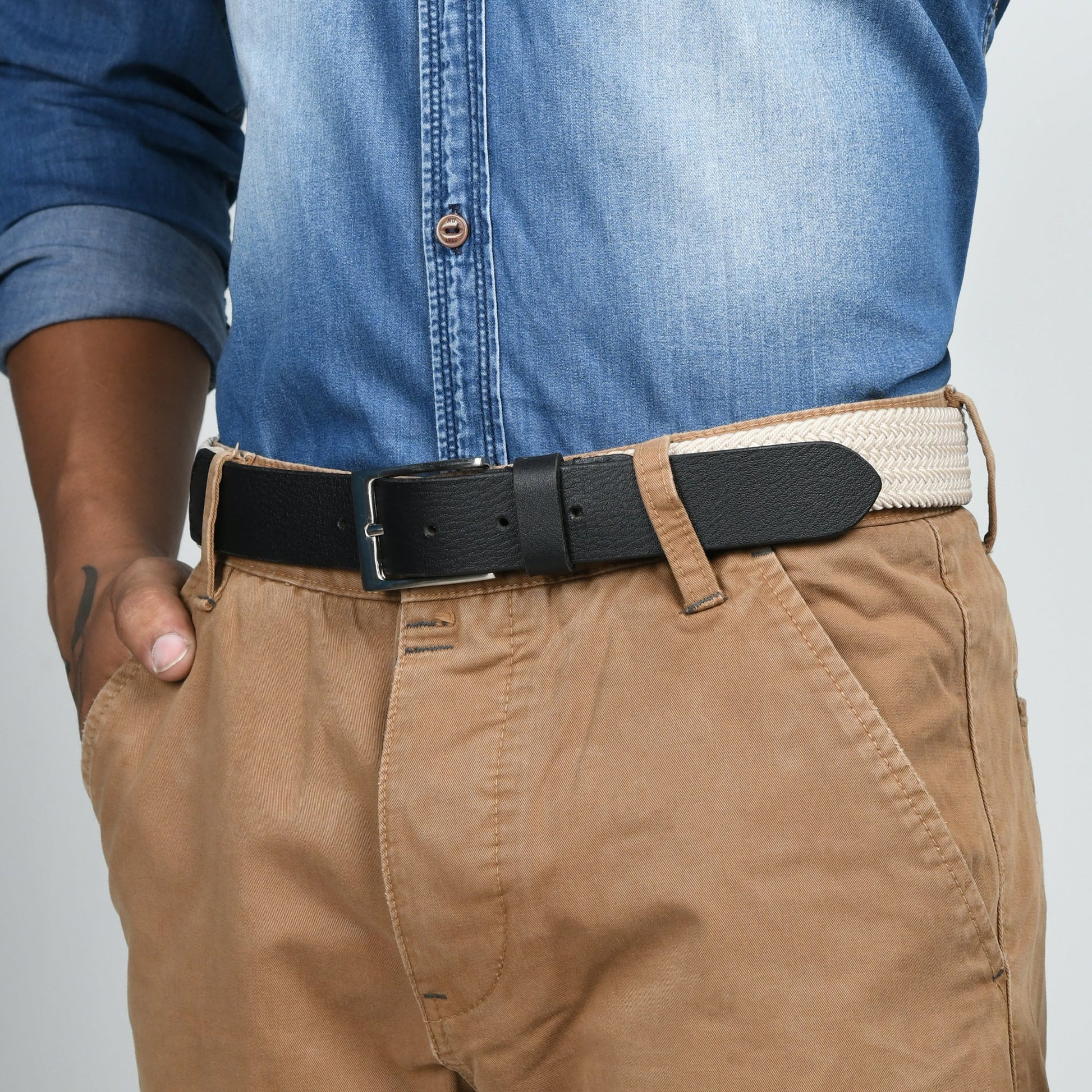 Cream & Black Braided Canvas Leather Belt - Osadia Concept Store