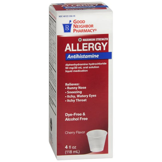 GNP Diphenhydramine Liquid, Dye-Free, 50 mg/Dose, Cherry Flavor, 4 fl oz