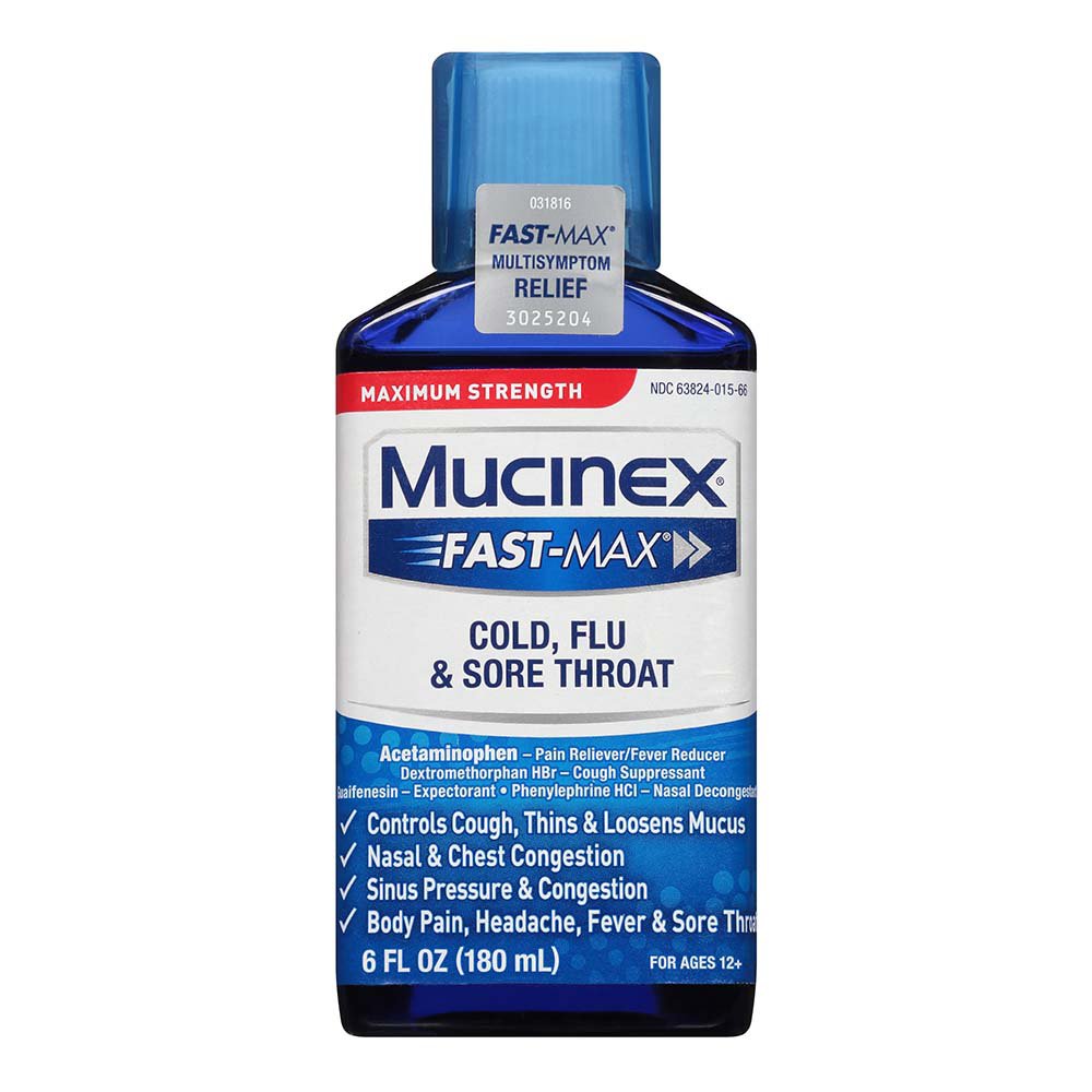 Mucinex Fast Max Maximum Strength Cold, Flu, & Sore Throat Liquid, 6oz