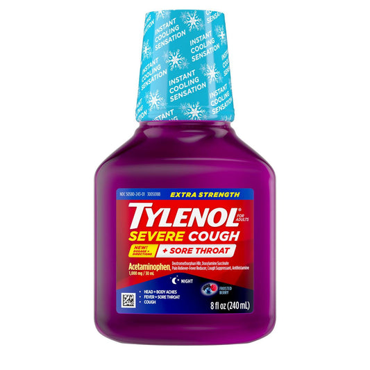 Tylenol Extra Strength Severe Cough + Sore Throat Night Liquid Frosted Berry