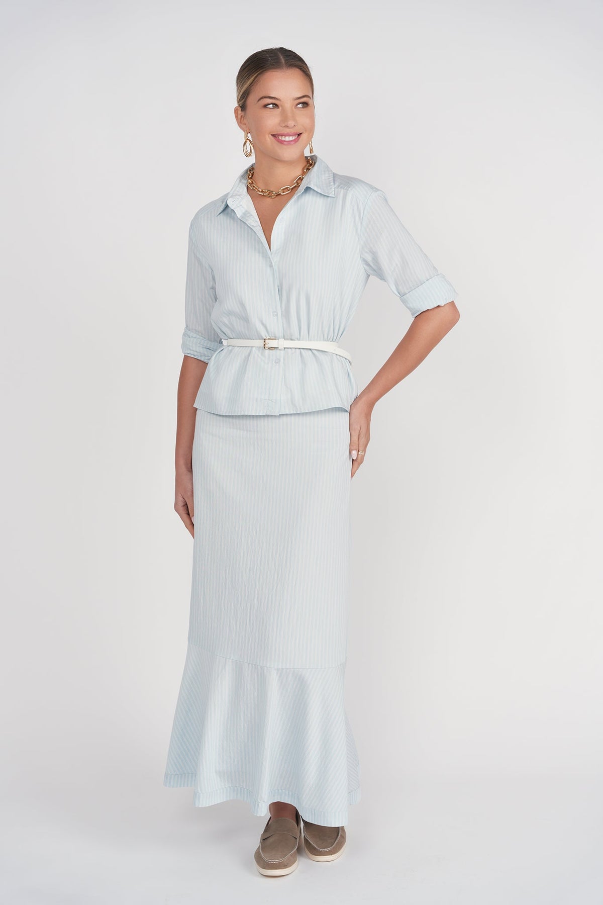 Linda Skirt- Light Blue Pinstripes