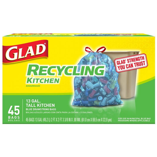 Glad Recycling Tall Kitchen Blue Drawstring Trash Bags - 13 Gallon