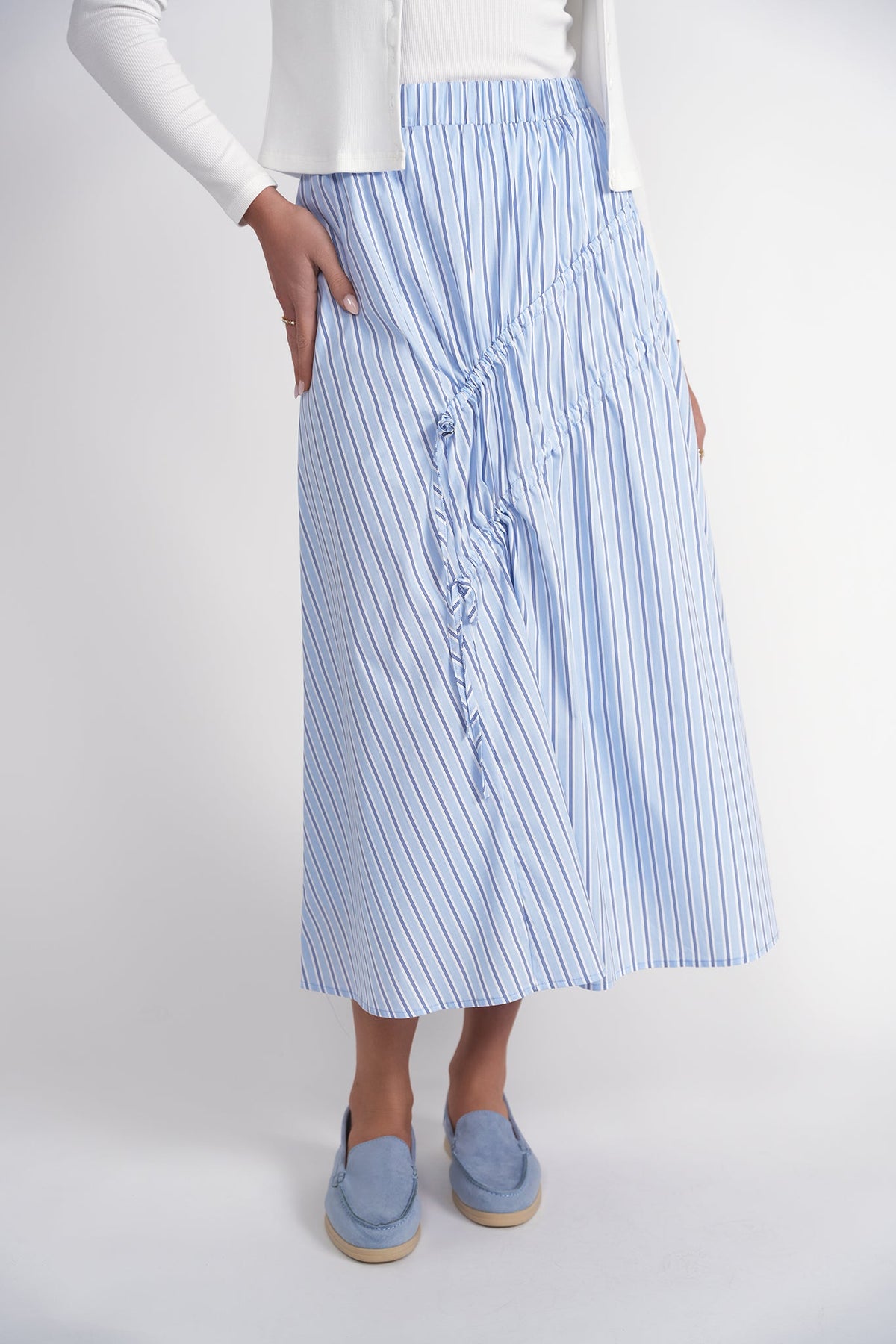 Double Drawstring Maxi Skirt- Blue Pinstripes