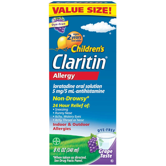 Claritin Indoor & Outdoor Allergies, Non Drowsy, 5 Mg, Grape Taste, Ages 2 Years And Older, Value Size 8 Fl Oz