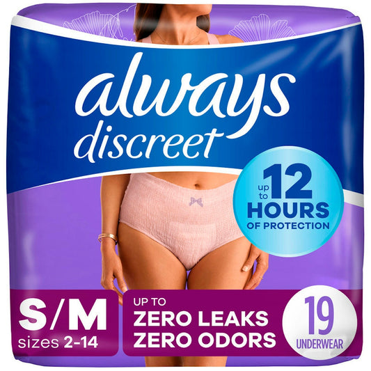 Always Discreet Adult Incontinence & Postpartum Underwear For Women, Size Small/Medium, White, Maximum Absorbency, Disposable, 19 Count(Pack Of 1) (Packaging May Vary)