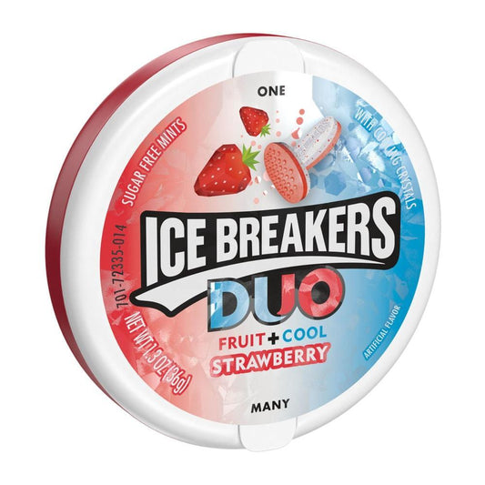 Ice Breakers DUO Strawberry Flavored Cooling Crystals, Mint Candy Sugar Free Breath Mints Tin, 1.3 Oz