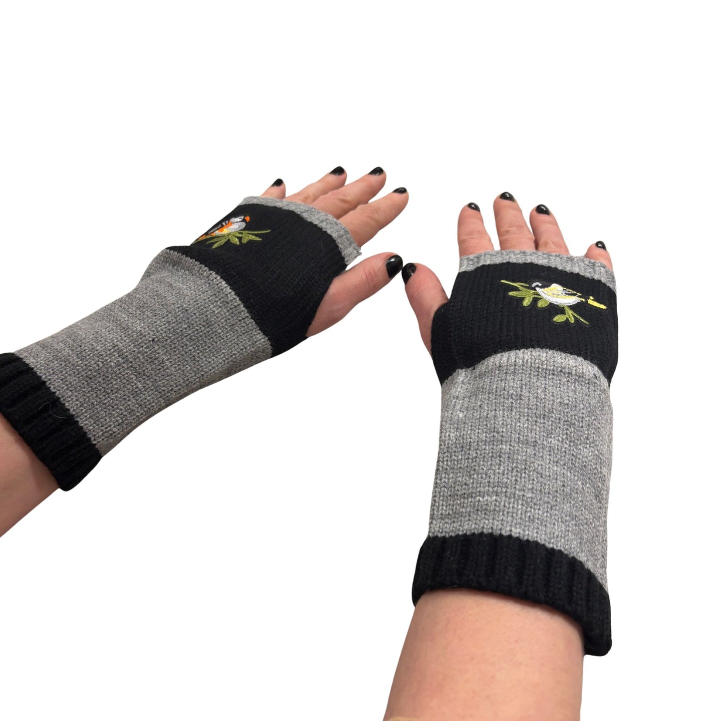 Bird Applique Arm Warmers | Fingerless Gloves in Black, Pink, or Green